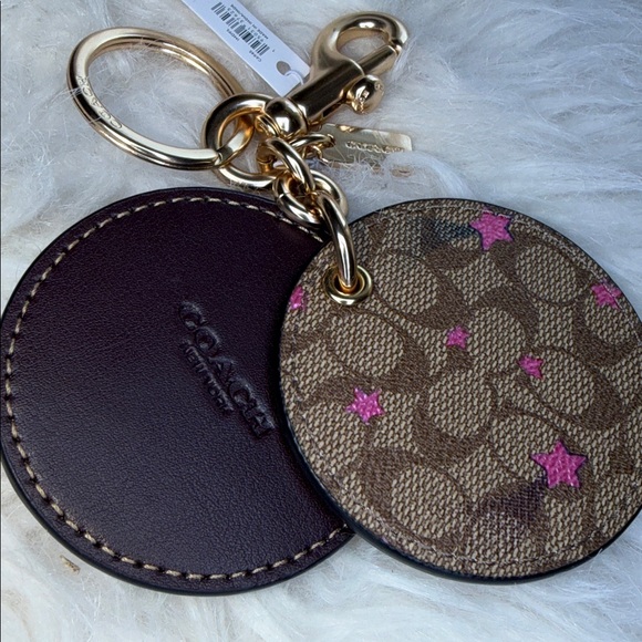 Coach NWT authentic leather keychain or bag charm mirror if open brown with pink - Picture 4 of 5